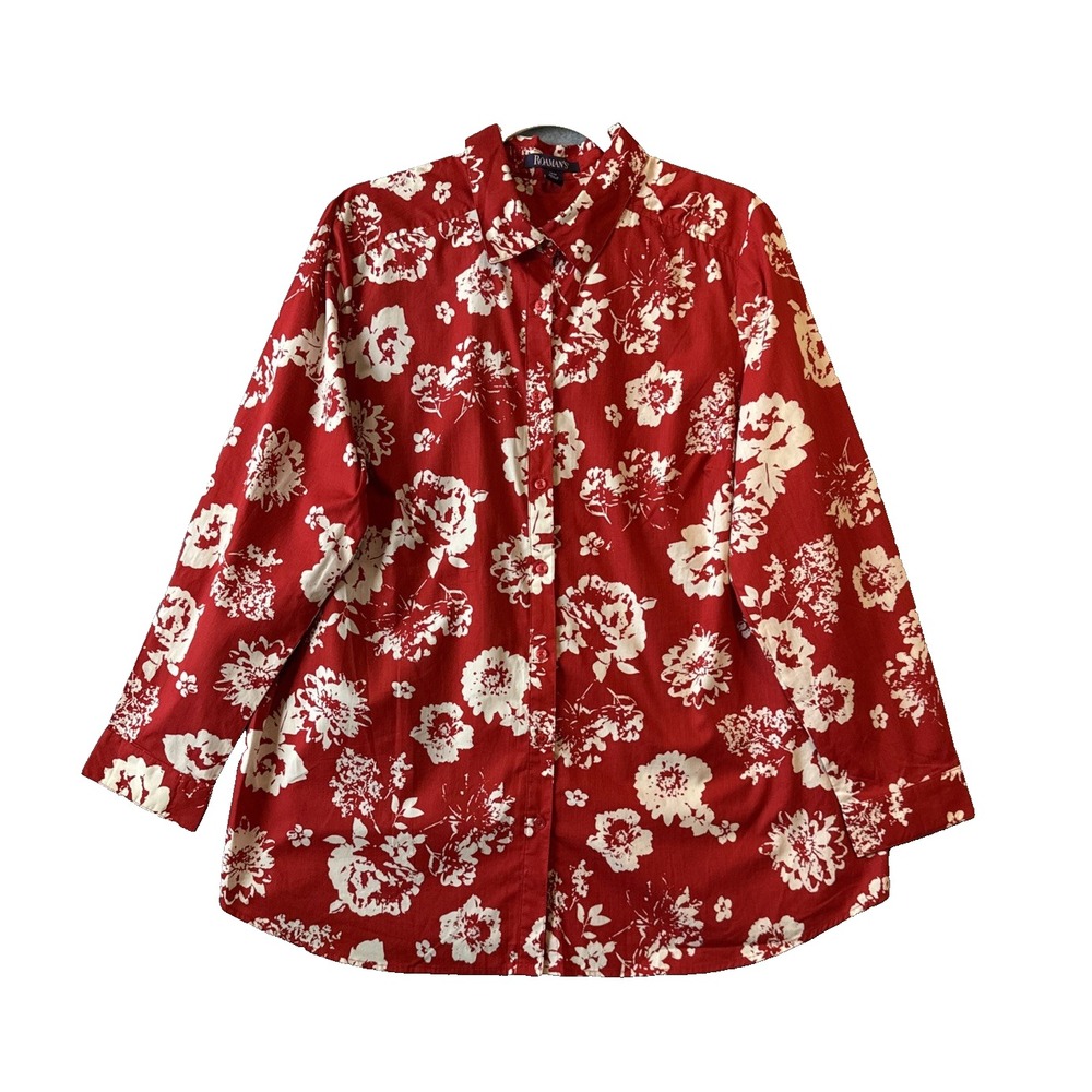 Roamans Red Floral Button Up Long Sleeve Shirt Plus 18W Cottagecore Boho‎ Chic